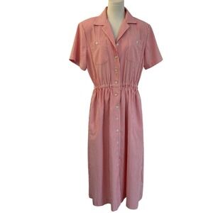 Vintage Norm Thompson Red White Seersucker Stripe Button Front Midi Dress Size 8